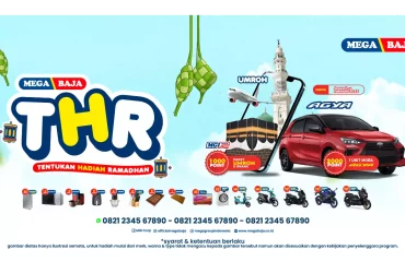 Promo THR Mega Baja 2025 dengan hadiah utama mobil Agya dan hadiah menarik lainnya.
