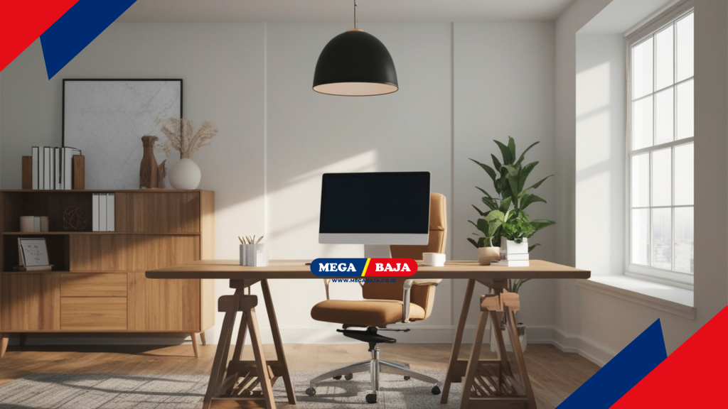 Rancang meja pulau yang multifungsi sebagai area kerja utama.