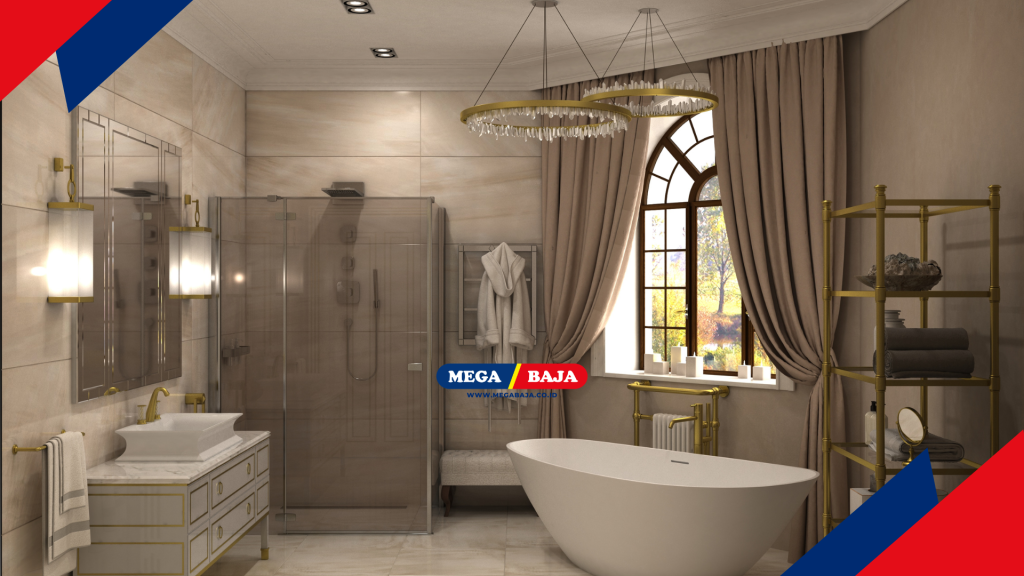 Aplikasi warna gelap pada besi siku memberikan kontras yang elegan terhadap keramik.