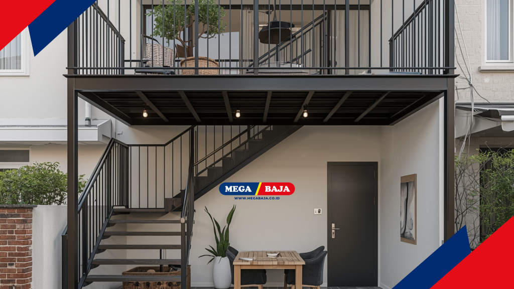 balkon mezanin metal di didepan rumah berwarna putih