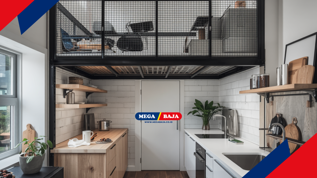 Mezanin Metal untuk menciptakan ruang penyimpanan tambahan di atas area dapur