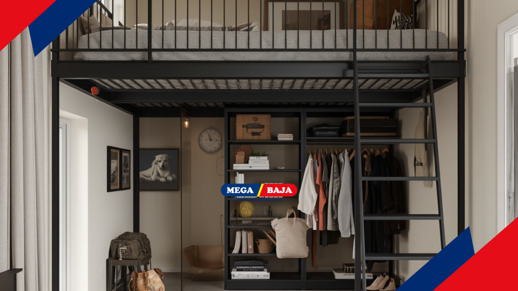 Mezanin Metal dibawahnya bisa menyimpan furnitur lemari