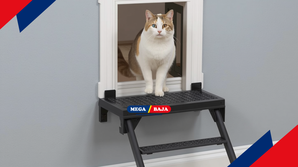 pintu kucing agak tinggi dengan pijakan papan besi