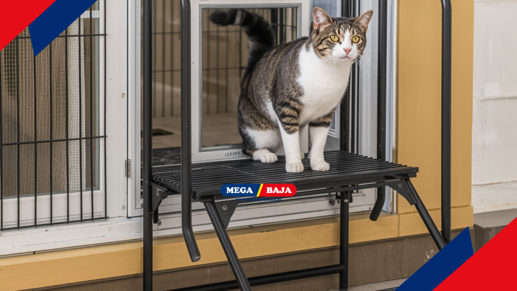 pintu kucing agak tinggi dengan pijakan papan besi