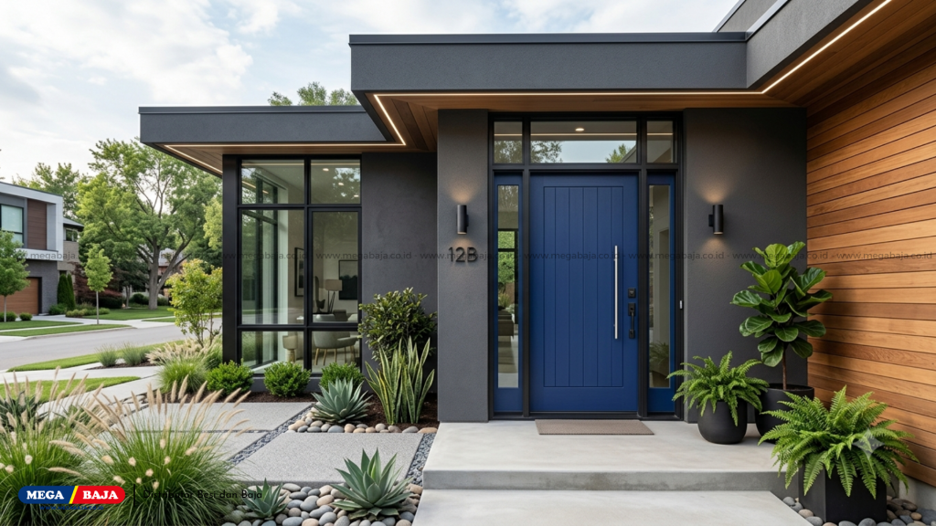 Aplikasi Cat Pintu Blueberry : Solusi Estetika Fasad Rumah Modern Minimalis