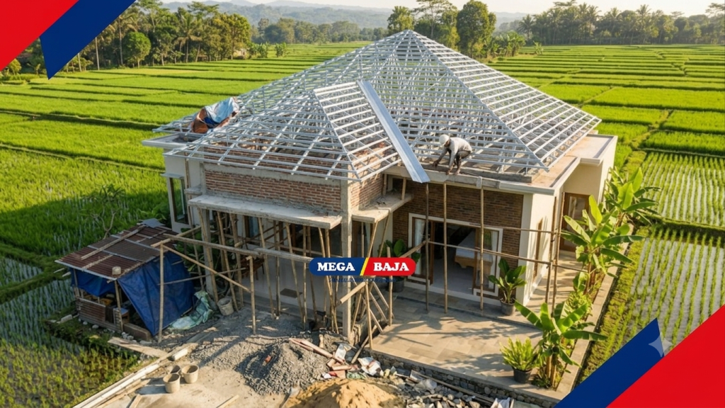 atap baja ringan di rumah tengah sawah