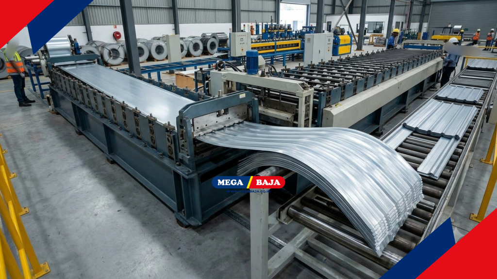 Spandek Curve merupakan baja lembaran aluminium zinc yang diproduksi melalui mesin roll forming - Ilustrasi