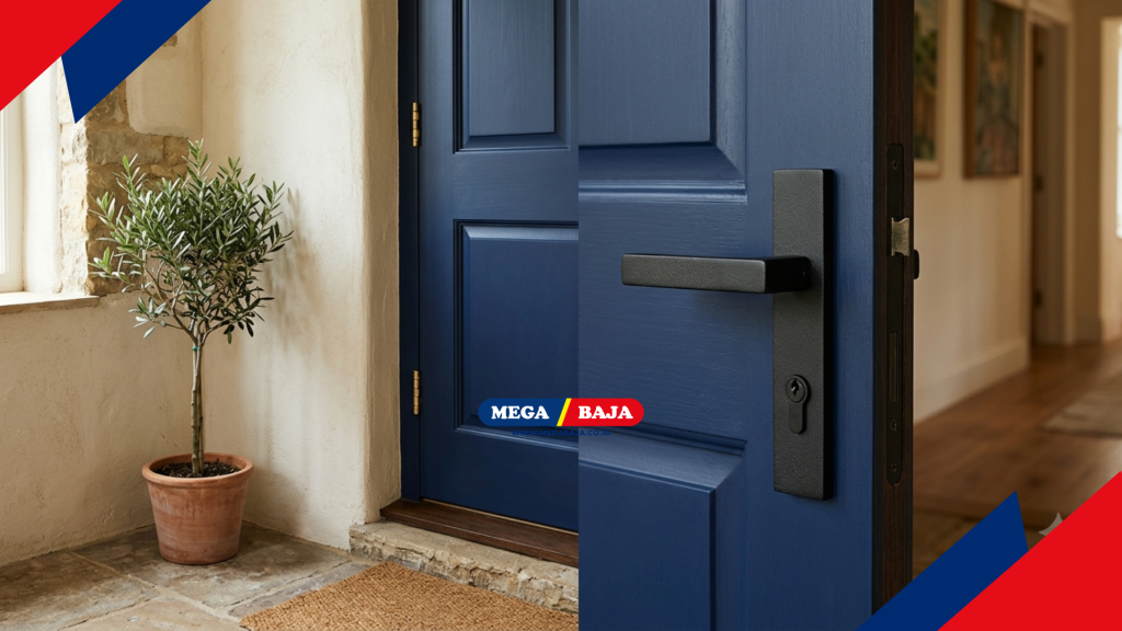 pintu blueberry dengan pegangan pintu (handle) berwarna hitam matte