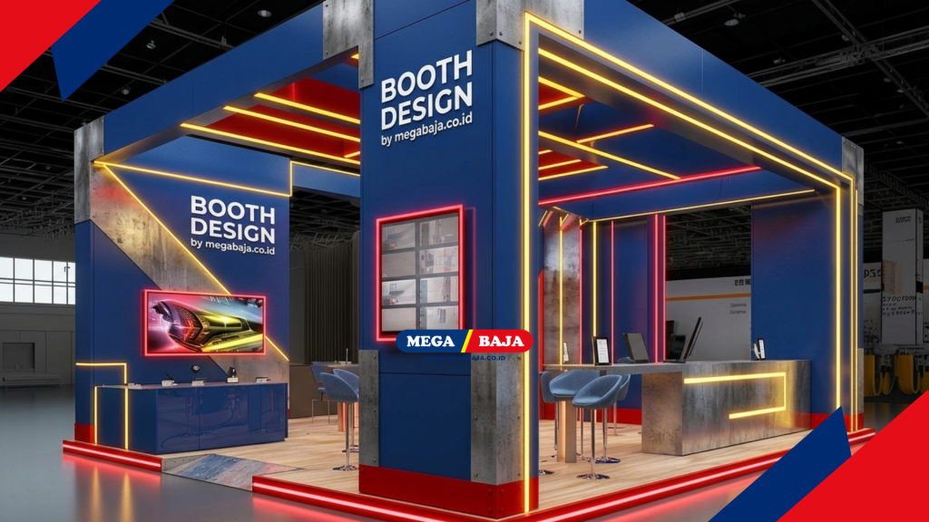 ubah jadi warna yang ada aksen baja nya, terus jangan merek ykk, ganti dengan tulisan : BOOTH DESIGN by megabaja.co.id,, rasio 5 x 3, warna booth nya itu dominan biru dengan aksen kuning dan merah,, jangan ada gambar mahluk hidup ; manusia