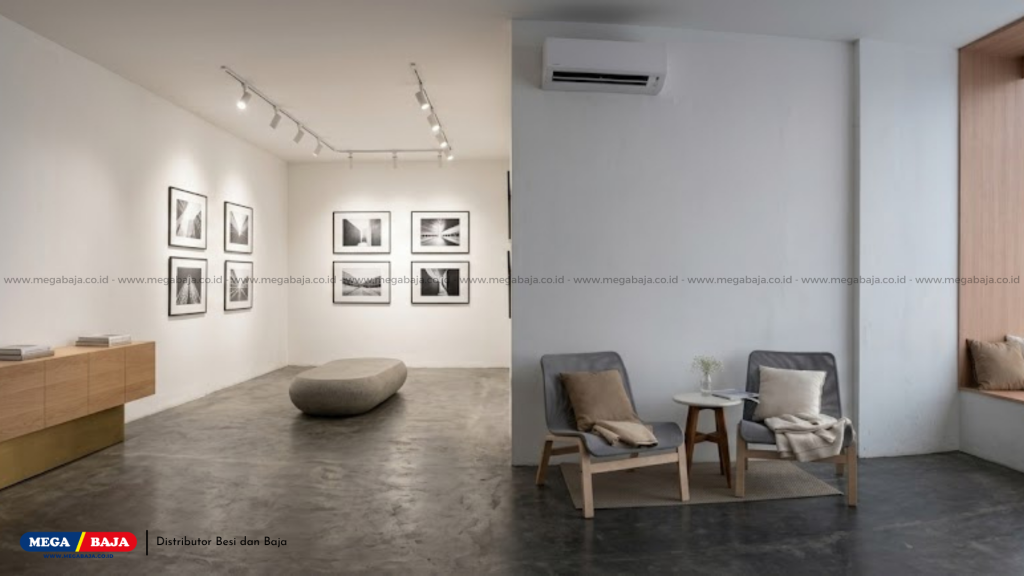 Ruangan Modern Warna Putih dengan Lantai Semen Ekspos