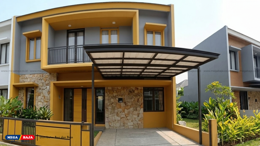 Rumah Minimalis Warna Kuning dengan Kanopi Hollow Galvanis