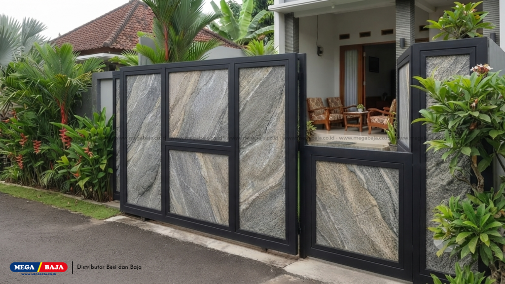 Memadukan besi hollow dengan material lain seperti kayu, GRC, atau batu alam
