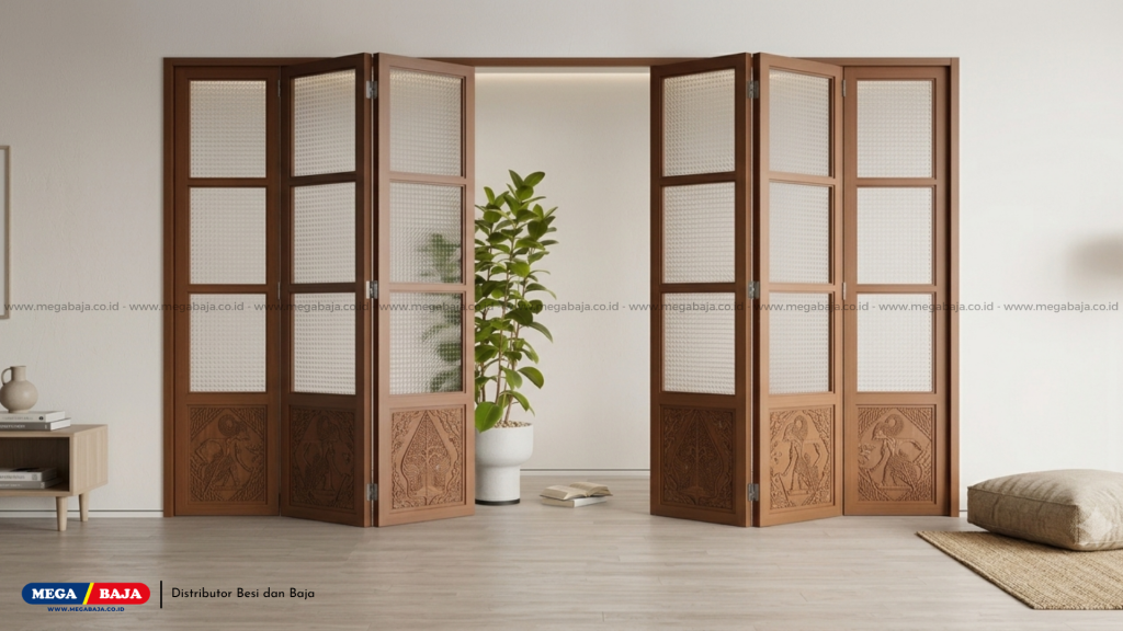 pintu lipat bermaterial kayu solid dan kaca tebal.