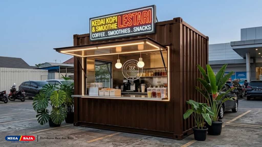 Kafe Kontainer Mini dengan Neon Box dan Papan Nama
