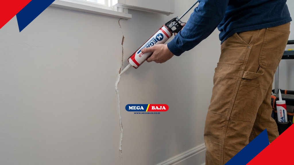 Seoranng Pria Tampak Mengoleskan Sealant ke Dinding yang retak