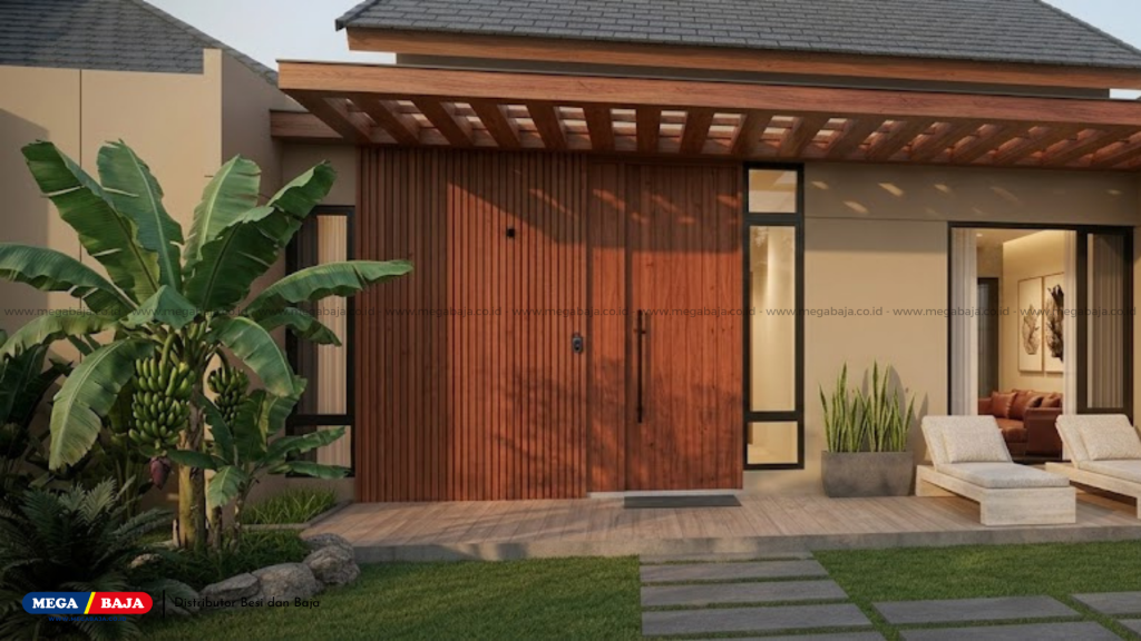 Penerapan kombinasi kayu dan beton pada fasad rumah minimalis