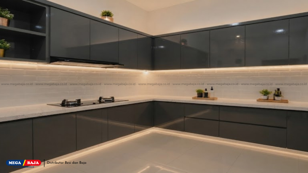 Panel baja hitam matte kerap diaplikasikan pada pintu kabinet smart home
