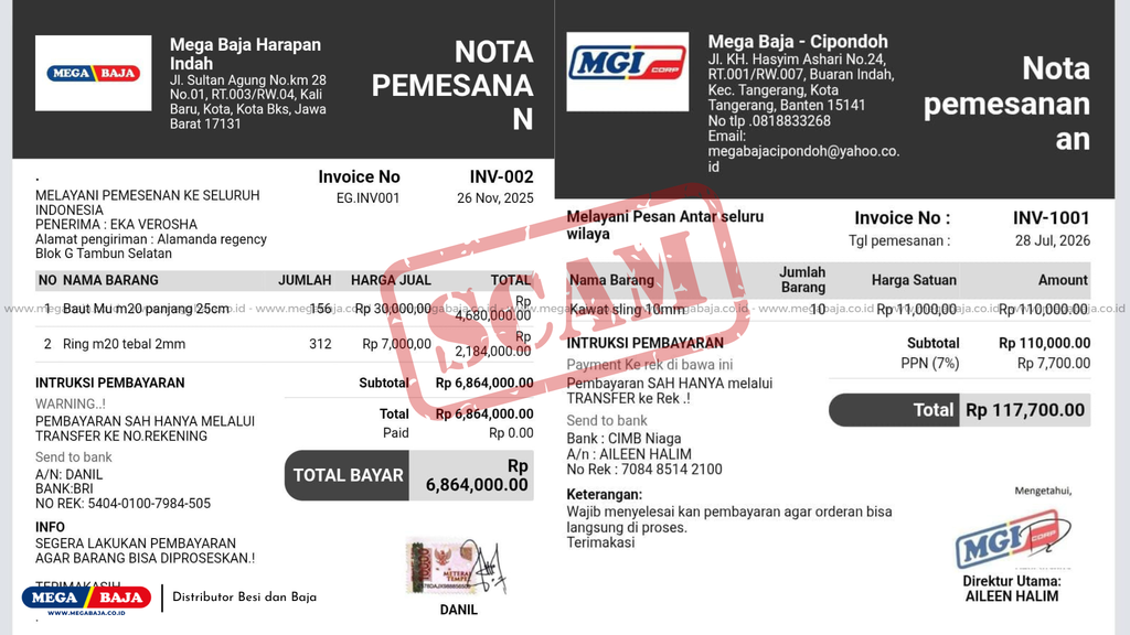 bukti transaksi palsu penipu mengatasnamakan mega baja