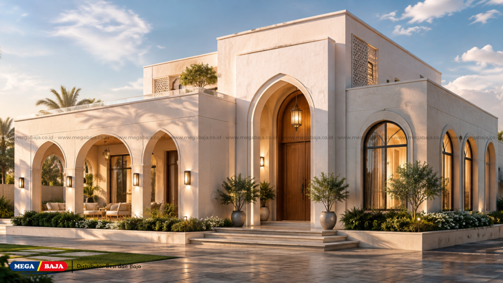 arched openings merupakan elemen visual yang memberikan identitas kuat pada fasad rumah bergaya Arab
