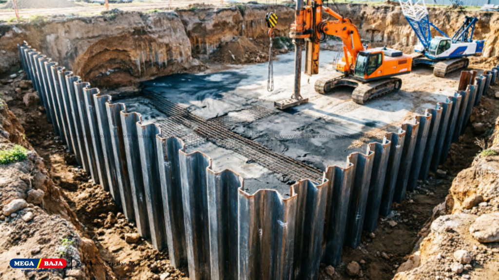 Penggunaan sheet pile baja sangat efektif untuk menahan dinding tanah lunak agar tidak longsor ke dalam area penggalian