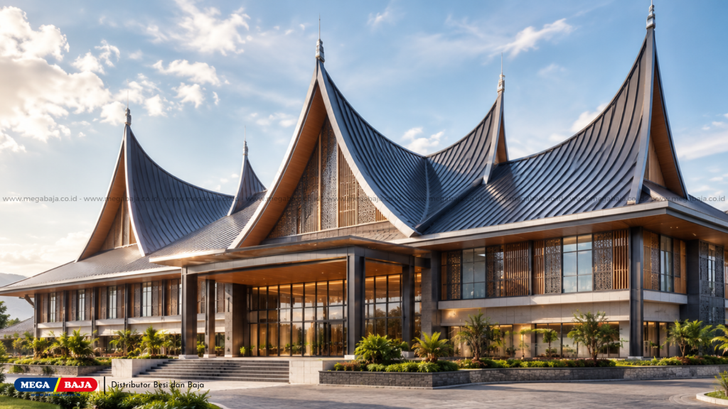 Rangka Baja dan Panel Kayu Pada Rumah / Bangunana Besar Modern Bergaya Solok - Minang / Sumbar 