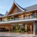 Rangka Baja dan Panel Kayu Pada Rumah / Bangunana Besar Modern Bergaya Solok - Minang / Sumbar