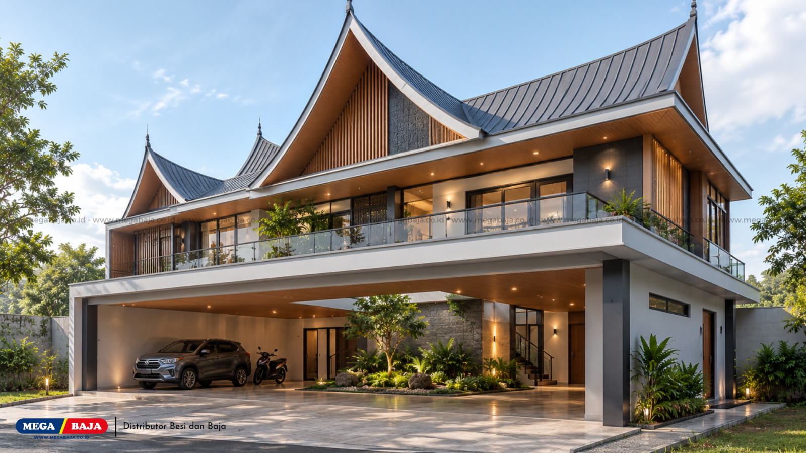Rangka Baja dan Panel Kayu Pada Rumah / Bangunana Besar Modern Bergaya Solok - Minang / Sumbar
