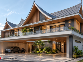 Rangka Baja dan Panel Kayu Pada Rumah / Bangunana Besar Modern Bergaya Solok - Minang / Sumbar