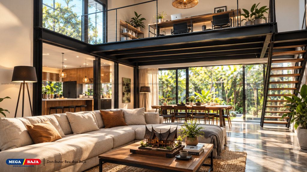 Penerapan konsep open plan pada bagian interior  Rumah bergaya Minang - Mezanin metal