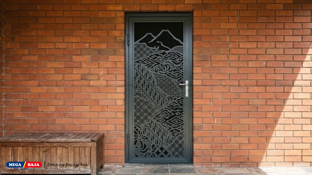 pintu plat besi laser cutting Ellip Iron Art Motif Gunung Gede Pangrango