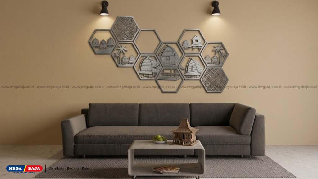 Metal Wall Art Geometris Etnik Rumah Bale Tani Lombok