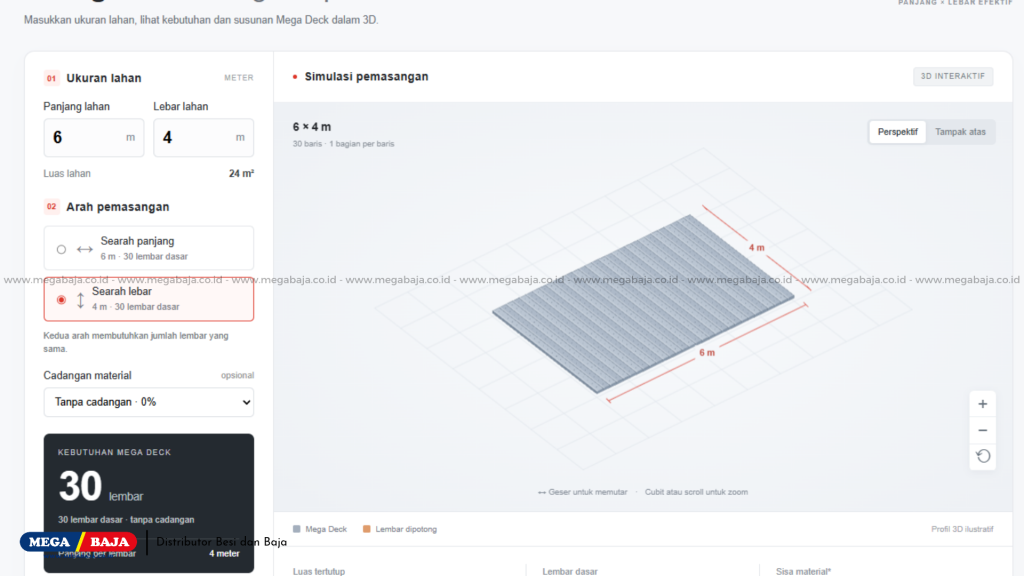 Kalkulator Mega Deck untuk mendapatkan simulasi visual 3D yang lebih akurat.