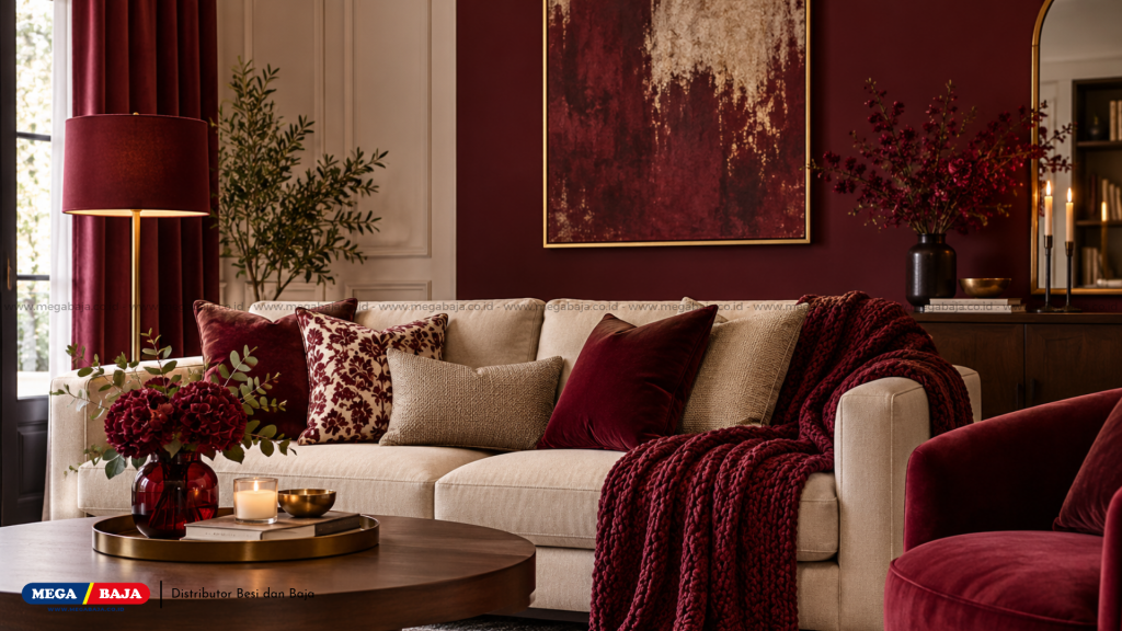 Ruang dengan Warna Burgundy sebagai Aksen Mewah: Warna merah anggur gelap hadir memberi kedalaman visual yang elegan
