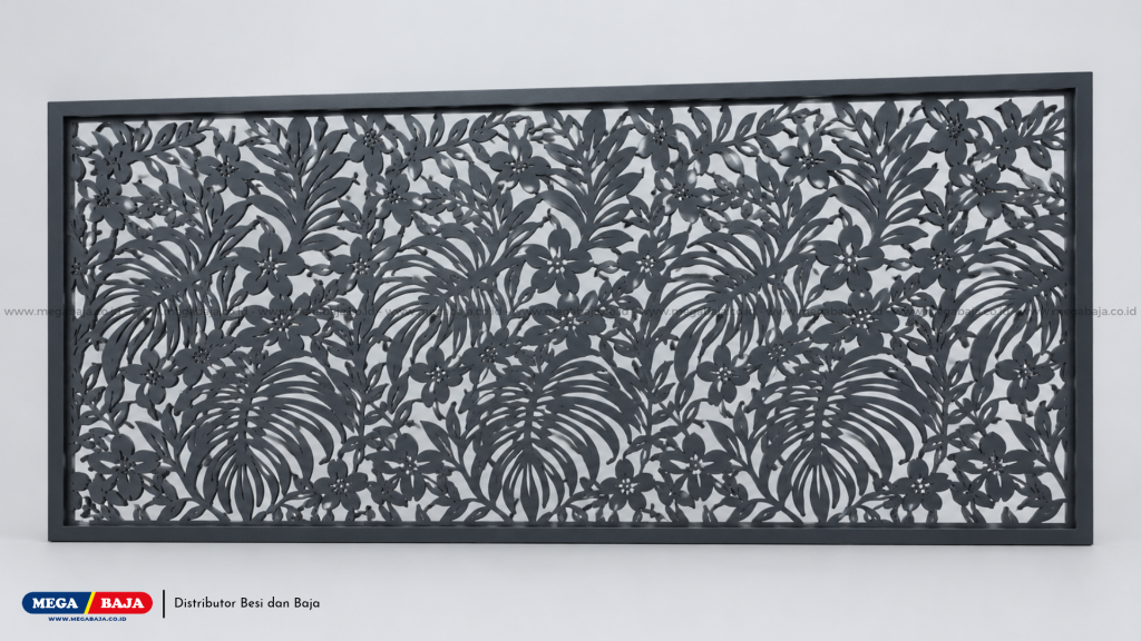 Plat Laser Cutting: Merupakan panel motif dekoratif bermotif flora atau pattern modern