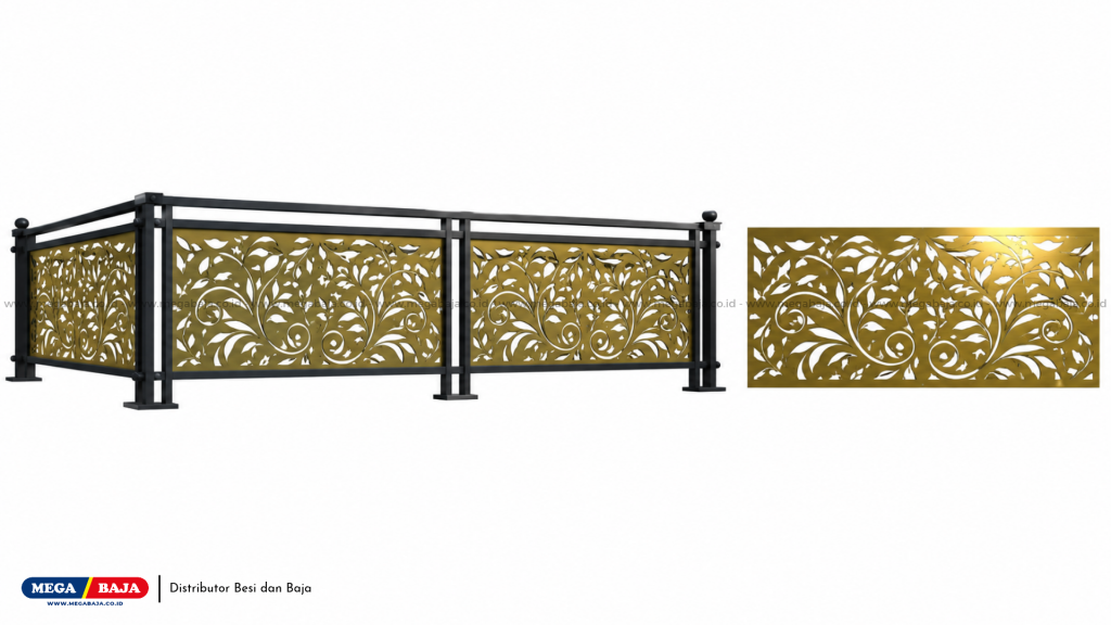 Plat Laser Cutting Ellip Iron Art Warna Emas Motif Daun