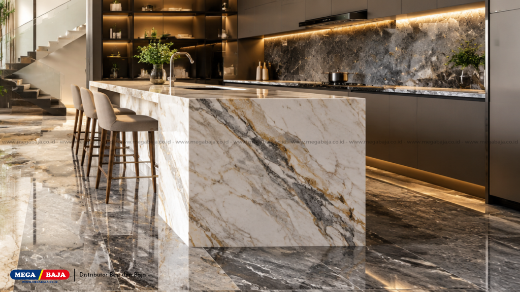 Dapur yang di Ruang Keluarga dengan batu alam : Granit / Marmer